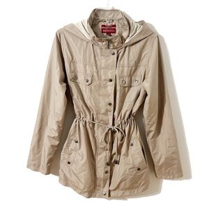 Merona Tan Utility Jacket with Adjustable Waist and Stand-Up Collar Hood Pockets